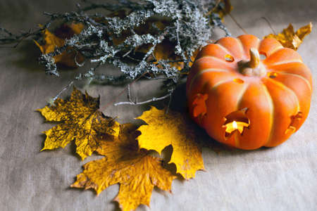pumpkin with candles and autumn leaves. Lantern with burning candles and dry moss on branchesの写真素材
