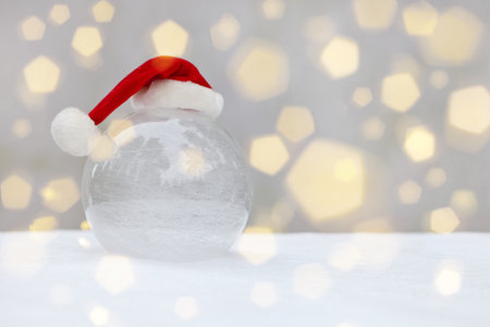 transparent glass ball on snow with christmas hat. snow and bokeh flare on Santa Claus Hat.の写真素材