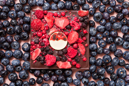 square dark chocolate with blueberries. pink background. tasty colorful chocolate with strawberriesの写真素材