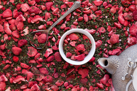 dehydrated strawberry-dried tea with mint and strawberries near tea pot. herbal tea with peppermintの写真素材