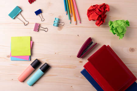 a group of different colorful stationary itemsの写真素材