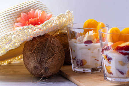 coconut and peach ice creamの写真素材