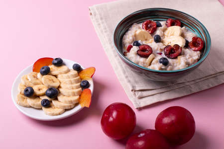 healthy tasty breakfast concept on pink background