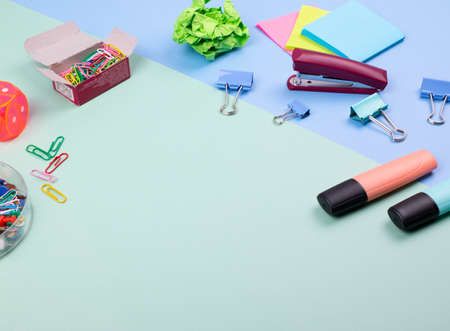 schooling, studying or office concept on mint backgroundの写真素材