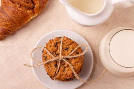 homemade oatmeal cookies on rustic background