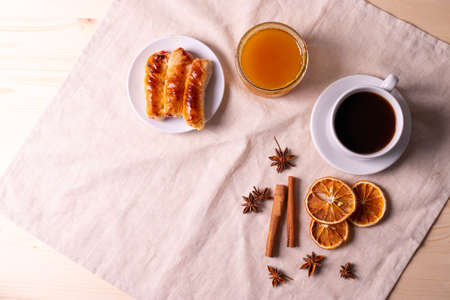 sweet tasty honey pastry treats and espresso as coffee break concept