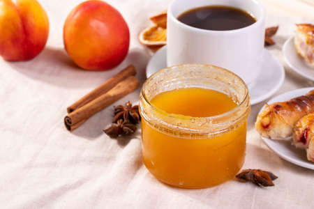 sweet tasty honey pastry treats and espresso as coffee break conceptの写真素材