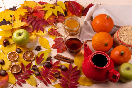 autumn leaves and tea conceptの写真素材
