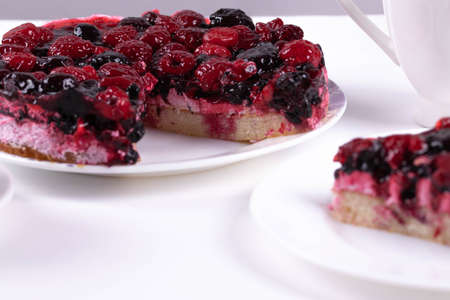 sweet strawberyy , blackberry, cherry or other berries pie or tart on white background.の写真素材
