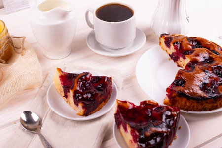 delicious baked jam biscuit pie on the light wooden surfaceの写真素材