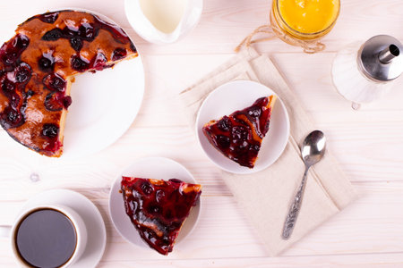 delicious baked jam biscuit pie on the light wooden surfaceの写真素材