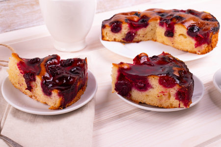 delicious baked jam biscuit pie on the light wooden surfaceの写真素材