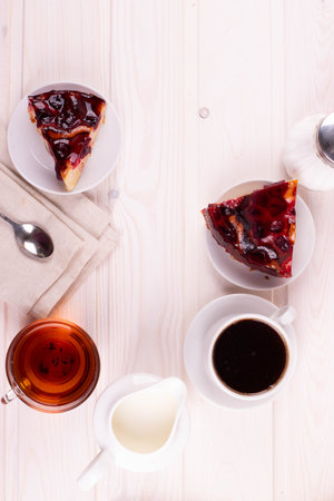 delicious baked jam biscuit pie on the light wooden surfaceの写真素材