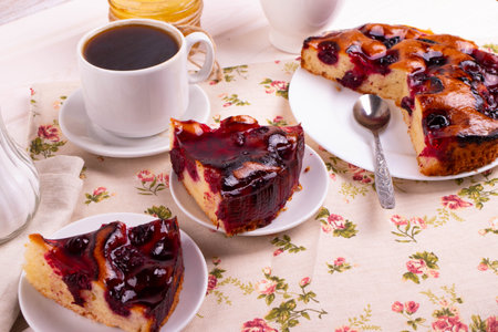 delicious baked jam biscuit pie on the light wooden surfaceの写真素材