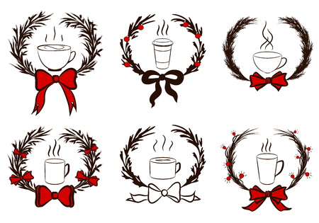 A set of drawings with wreaths and diffetent kind of coffee mugs for coffee shop, cafe, promo and advertisingのイラスト素材