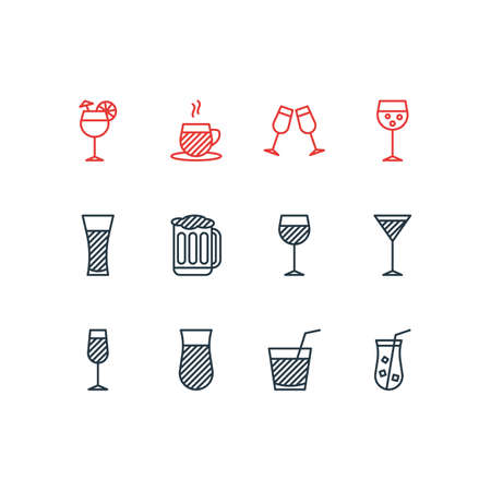Vector Illustration Of 12 Drinks Icons. Editable Pack Of Glass, Drink, Martini And Other Elements.のイラスト素材