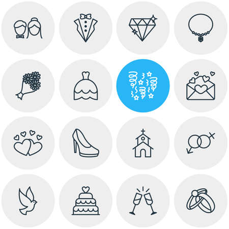 Vector Illustration Of 16 Wedding Icons. Editable Pack Of Engagement, Card, Wedding Gown And Other Elements.のイラスト素材