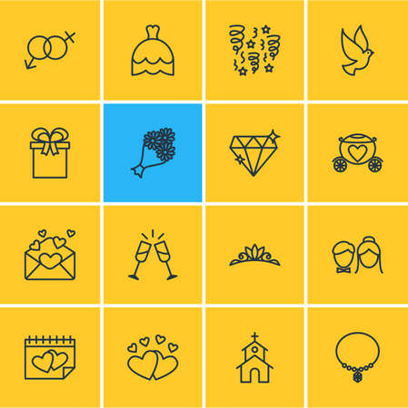 Vector Illustration Of 16 Wedding Icons. Editable Pack Of Brilliant, Pigeon, Wedding Gown And Other Elements.のイラスト素材