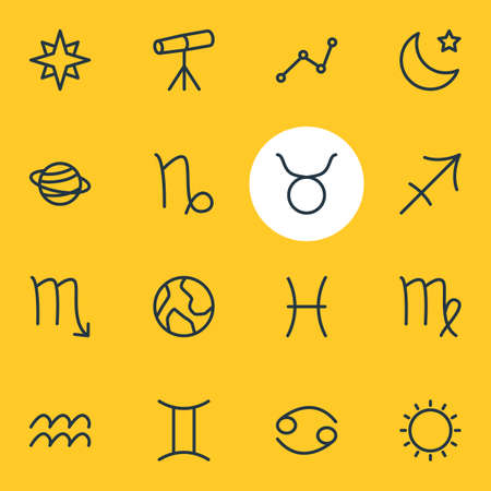 Vector Illustration Of 16 Astrology Icons. Editable Pack Of Zodiac Sign, Bull, Night And Other Elements.のイラスト素材