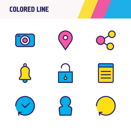 Vector illustration of 9 application icons colored line. Editable set of list, location, unlock and other icon elements.のイラスト素材
