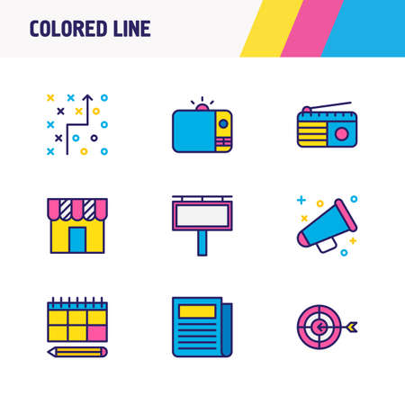 illustration of 9 marketing icons colored line. Editable set of tv, strategy, planning and other icon elements.の写真素材