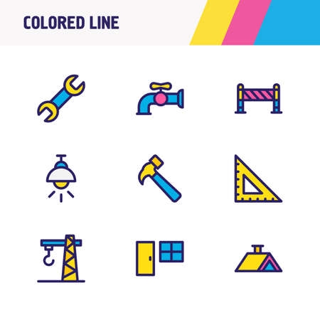 illustration of 9 architecture icons colored line. Editable set of wrench, crane, ruler and other icon elements.の写真素材