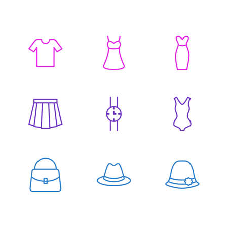 illustration of 9 clothes icons line style. Editable set of panama, swimsuit, watch and other icon elements.の写真素材