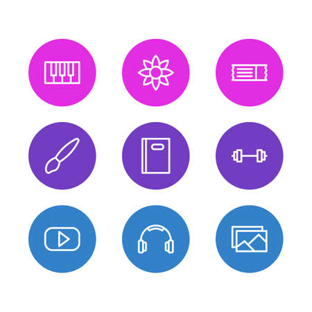 Vector illustration of 9 entertainment icons line style. Editable set of barbell, headphone, piano and other icon elements.のイラスト素材