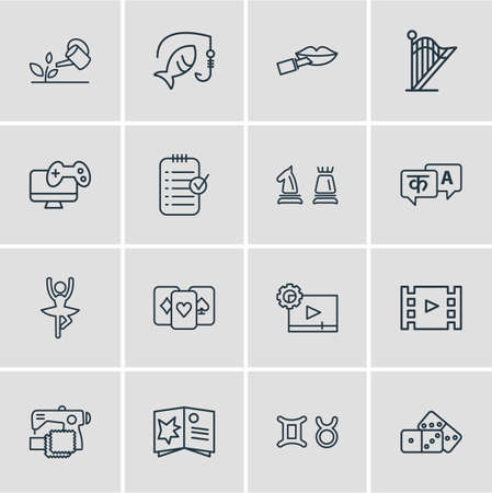Vector illustration of 16 activities icons line style. Editable set of harp, playing cards, ballet and other icon elements.のイラスト素材
