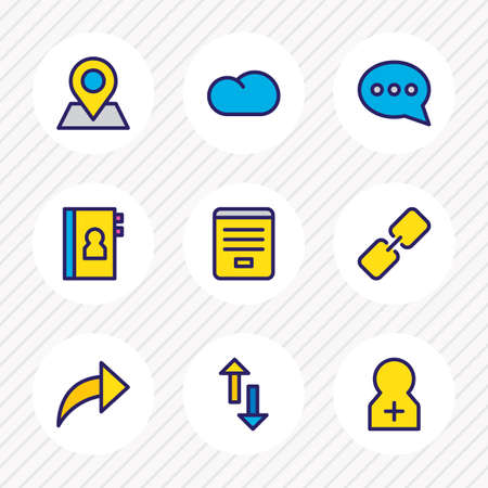 Vector illustration of 9 connect icons colored line. Editable set of contact form, link, cloud and other icon elements.のイラスト素材