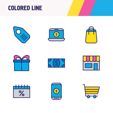 Vector illustration of 9 trading icons colored line. Editable set of price tag, mobile payment, shopping bag and other icon elements.のイラスト素材