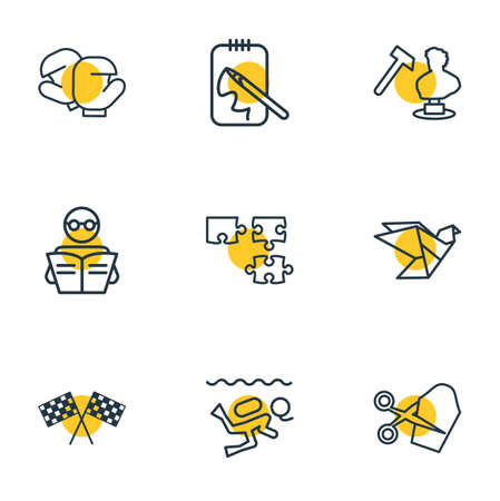 Vector illustration of 9 activities icons line style. Editable set of tailoring, puzzle, racing flags and other icon elements.のイラスト素材