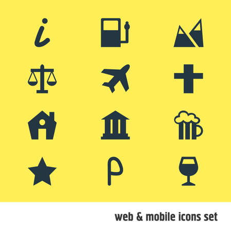 Vector illustration of 12 check-in icons. Editable set of academy, legend, parking sign and other icon elements.のイラスト素材
