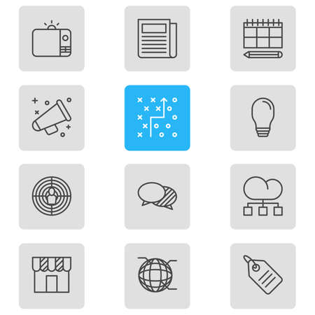 Vector illustration of 12 advertising icons line style. Editable set of structure, tv, globe and other icon elements.のイラスト素材