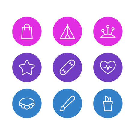Vector illustration of 9 hobby icons line style. Editable set of tent, heartbeat, pins and other icon elements.のイラスト素材