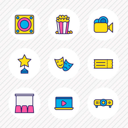 Vector illustration of 9 cinema icons colored line. Editable set of popcorn, loudspeaker, ticket and other icon elements.のイラスト素材
