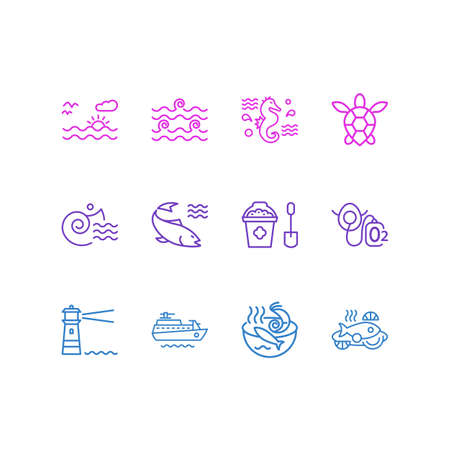 Vector illustration of 12 naval icons line style. Editable set of sea horse, lighthouse, waves and other icon elements.のイラスト素材