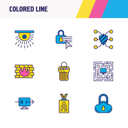 Vector illustration of 9 security icons colored line. Editable set of keychain, cloud data protection, protected computer and other icon elements.のイラスト素材