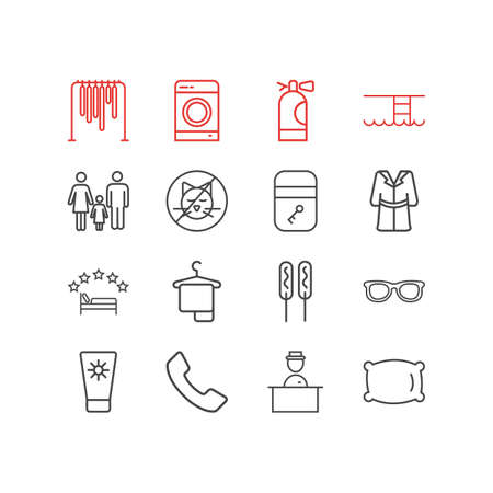 Vector illustration of 16 vacation icons line style. Editable set of wardrobe, hanger, pillow and other icon elements.のイラスト素材