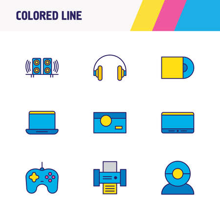 Vector illustration of 9 device icons colored line. Editable set of tablet phone, gamepad, printer and other icon elements.のイラスト素材