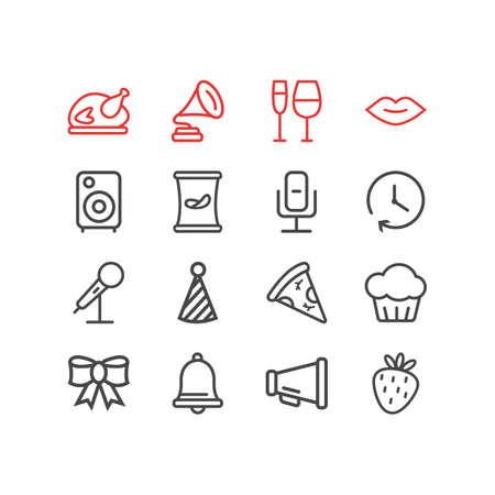 Vector illustration of 16 celebration icons line style. Editable set of piece of pizza, clown cap, mic and other icon elements.のイラスト素材