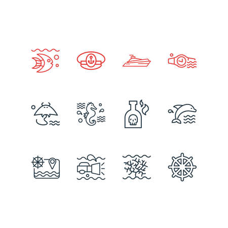 Vector illustration of 12 marine icons line style. Editable set of ship rudder, sea horse, dolphin and other icon elements.のイラスト素材