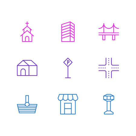 Vector illustration of 9 urban icons line style. Editable set of shopping, crossroad, airport and other icon elements.のイラスト素材