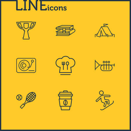 Vector illustration of 9 entertainment icons line style. Editable set of book library, camping tent, trumpet and other icon elements.のイラスト素材