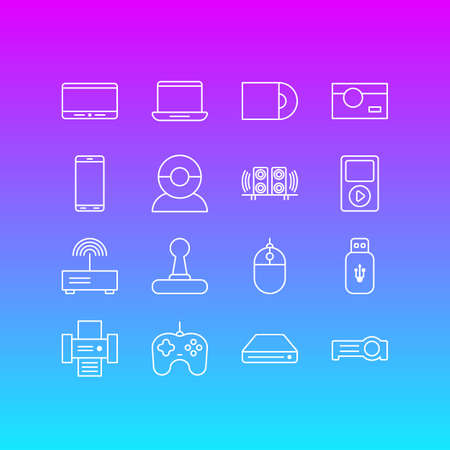 Vector illustration of 16 device icons line style. Editable set of joystick, hard drive, cellphone and other icon elements.のイラスト素材