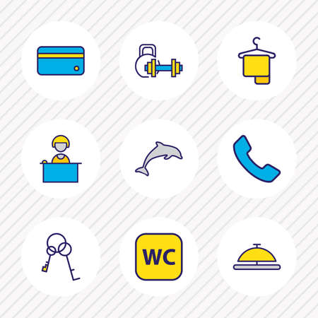 Vector illustration of 9 travel icons colored line. Editable set of reception, reception girl, dolphin and other icon elements.のイラスト素材