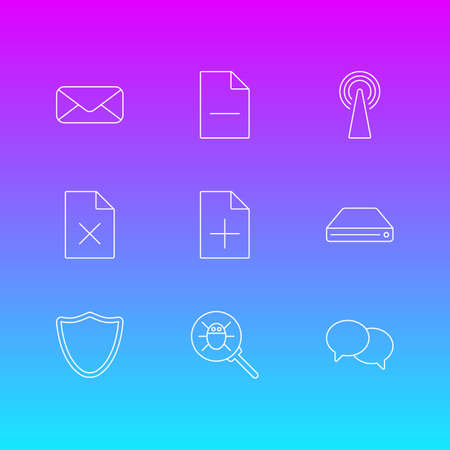 Vector illustration of 9 network icons line style. Editable set of delete document, remove file, magnifier and other icon elements.のイラスト素材