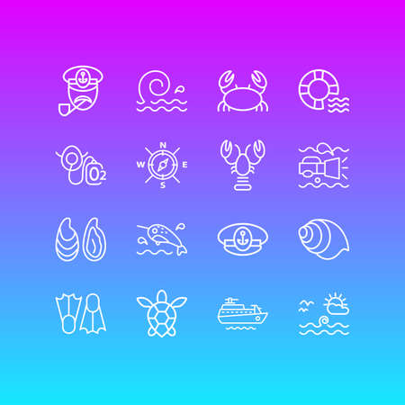 Vector illustration of 16 marine icons line style. Editable set of captain, underwater flashlight, conch and other icon elements.のイラスト素材
