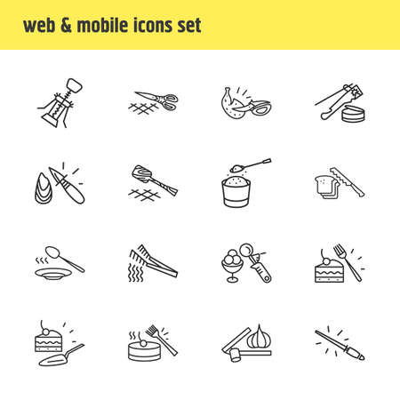 illustration of 16 cutlery icons line style. Editable set of garlic press, spaghetti tongs, pastry brush and other icon elements.の写真素材