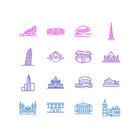 Vector illustration of 16 history icons line style. Editable set of helinski cathedral, mecca, oslo cathedral and other icon elements.のイラスト素材